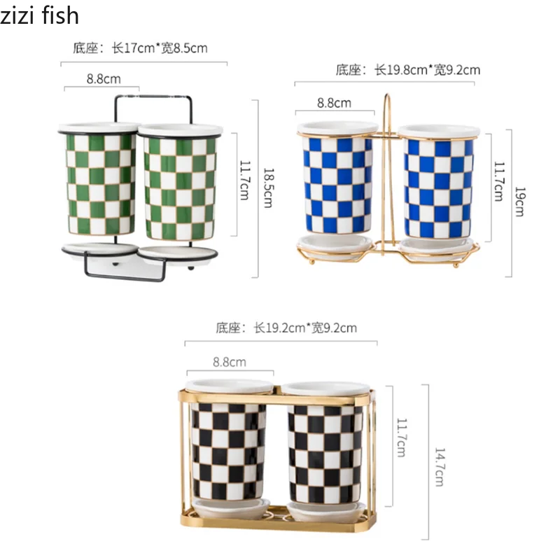 Checkerboard Ceramic Chopsticks Holder Drain Rack Chopsticks Basket Chopsticks Box Cutlery Box Storage Rack Wall-mounted Shelf