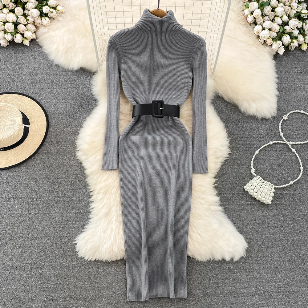REALEFT Autumn Winter 2025 New Turtleneck Women's Knitted Dresses with Belted Long Sleeve Elegant Bodycon Wrap Dress Female