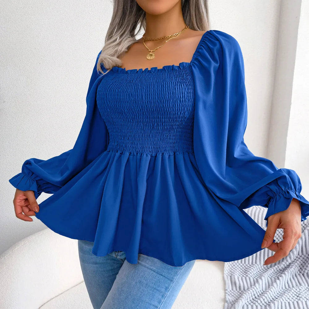 Casual Squared Neck Pleated Ruffle Trim Solid Blouse,Lantern Sleeve Shirt, Women's Clothing