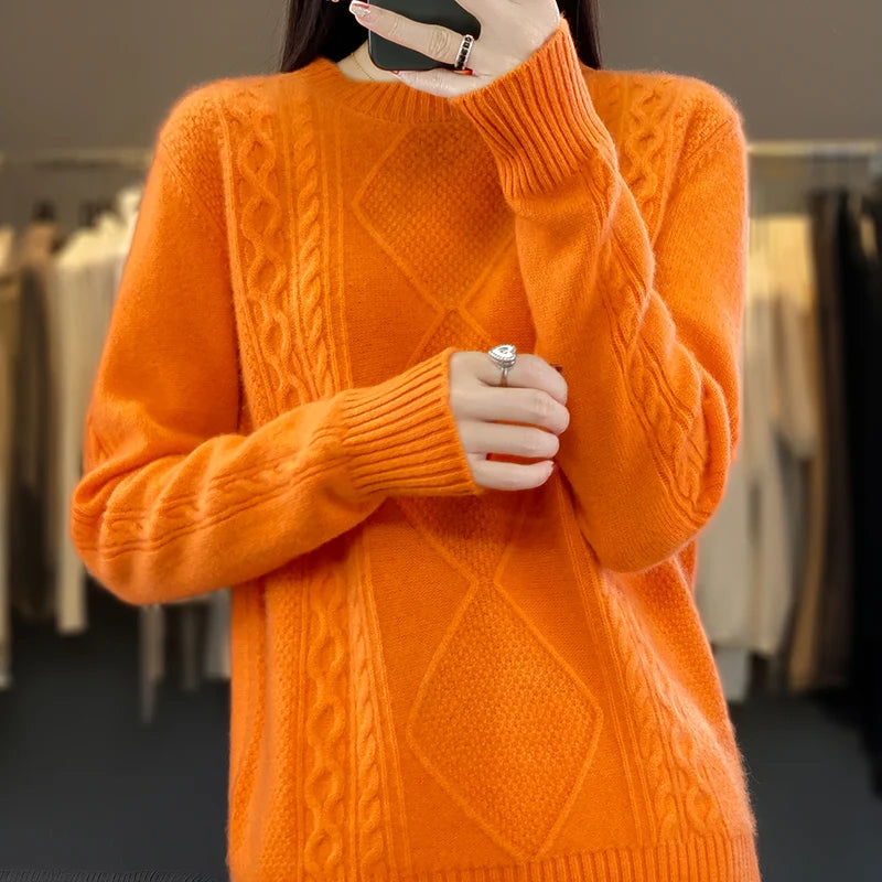 100% Cashmere Sweater Women's Half Turtle Collar Jacquard Long Sleeve Loose Thickened Sweater Autumn and Winter Casual Knitted B