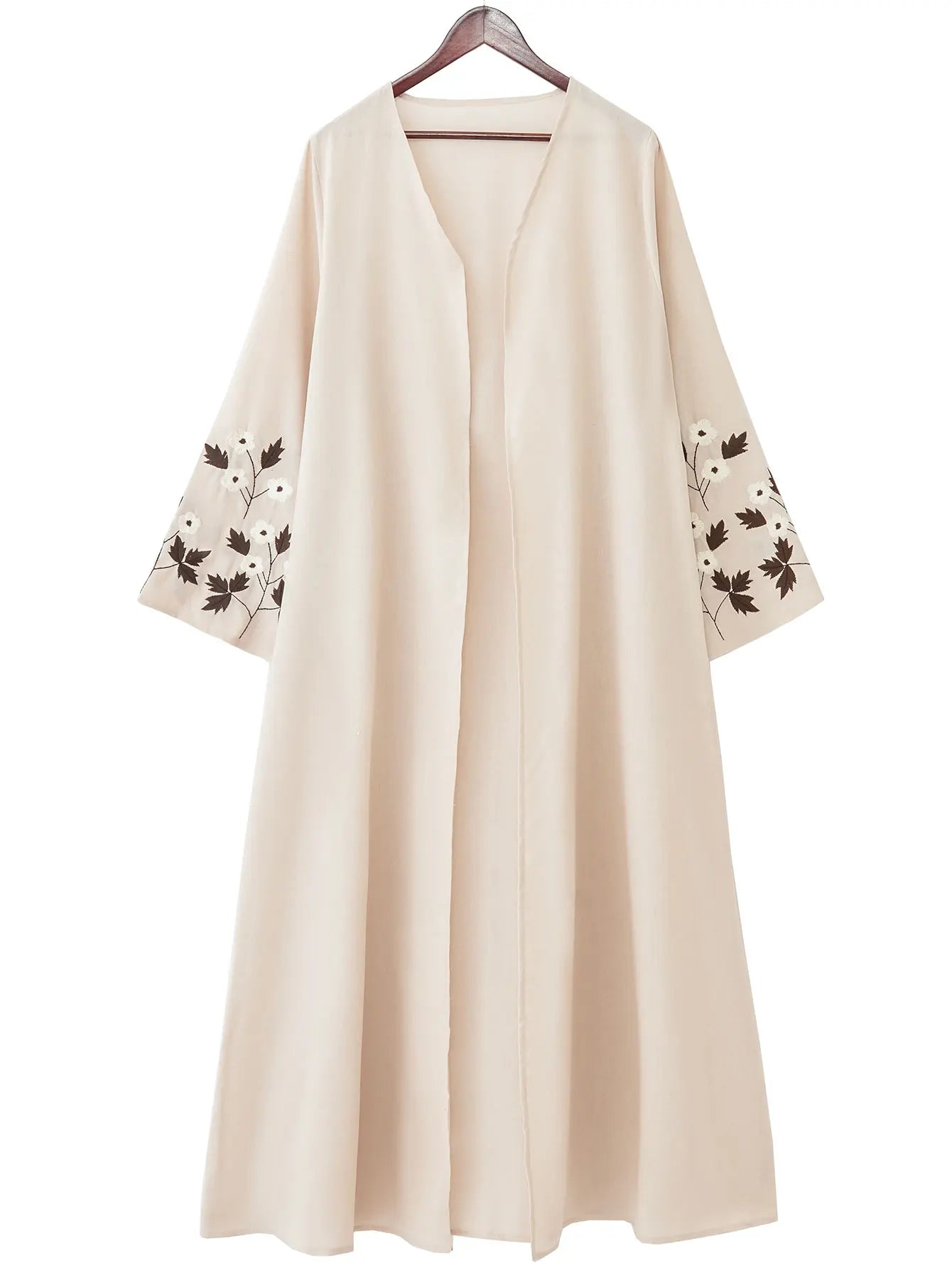 Apricot Color Muslim Abaya Boasting Exquisite Floral Cuff Embroidery Blending Timeless Elegance and Fashion for Ramadan Islamic