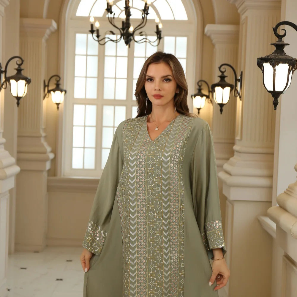 Elegant Middle East Women's Dress Floral Embroidery Shiny V-neck Muslim Festival Clothing Long Skirt Sleeve Petal Long Sleeve