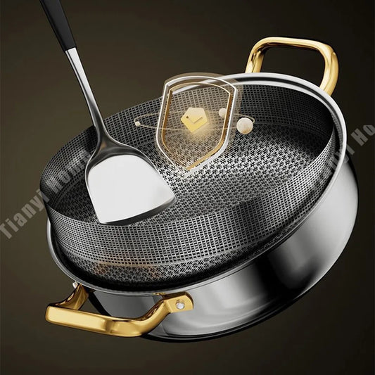 12 Inch Stainless Steel Nonstick Deep Frying Pan Hot Pot with Lid Soup Pot Wok Two Handle Hold PFOA Free, Dishwasher Oven Safe