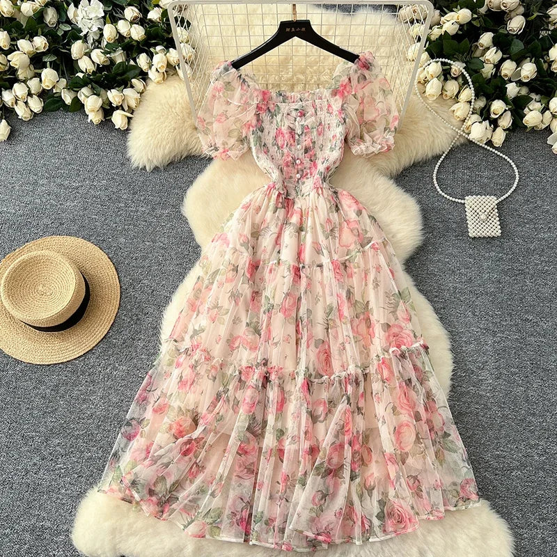 Summer Vintage French Mesh Dress for Women New Waist Cinched Slash Neck Bubble Sleeves Sweet Floral Chiffon Dress Female C146