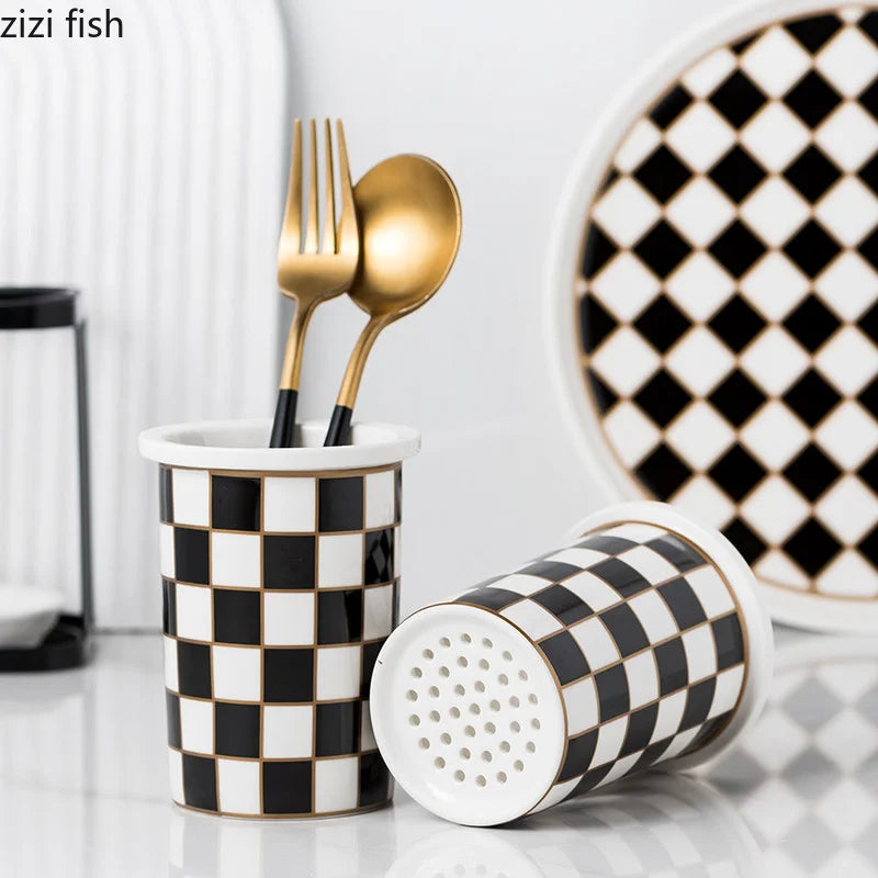 Checkerboard Ceramic Chopsticks Holder Drain Rack Chopsticks Basket Chopsticks Box Cutlery Box Storage Rack Wall-mounted Shelf
