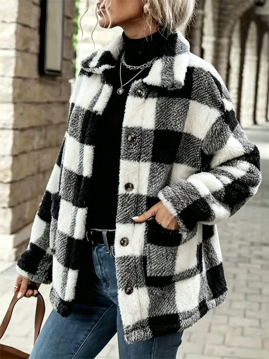 Women's Plaid Fluffy Fleece Lapel Shacket Jacket Fall Clothes 2026 for Women