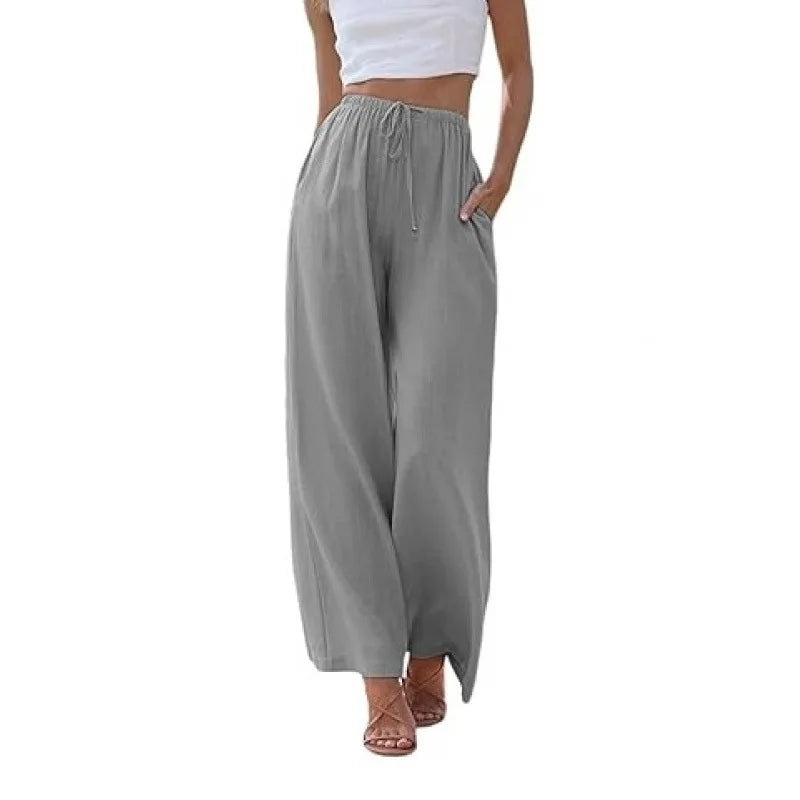 Women's Summer Linen Wide Leg Pants High Waist Elastic Drawstring Casual Loose Palazzo Trousers with Pockets