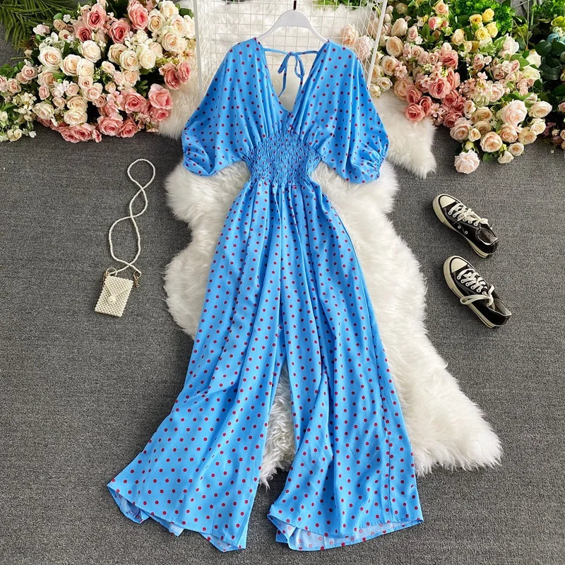 Women Wide Leg Trousers Jumpsuit V Neck Sexy Dolman Sleeves Waist Slim Polka Dot Print Jumpsuit