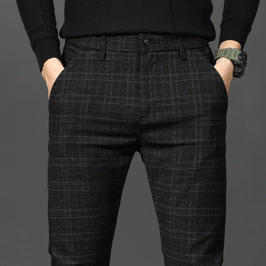 Black Pants Men Plaid Trousers Spring and Autumn New Fashion Slim Pants Men Gray Stripe Slacks 28-38 Pantalones Hombre