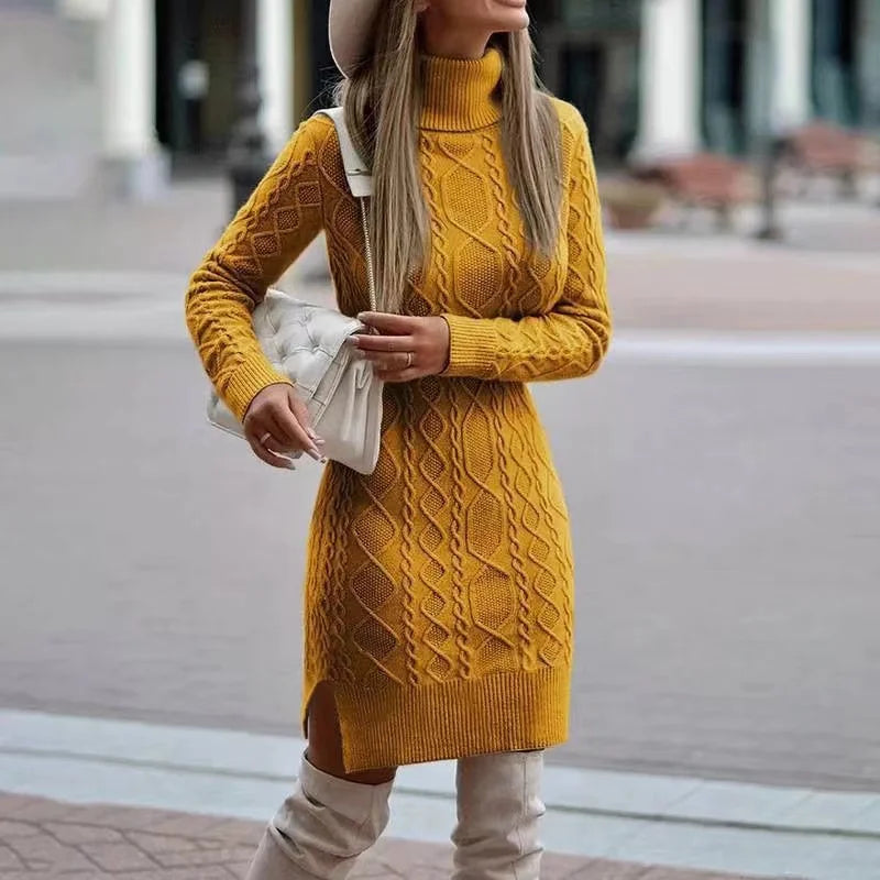 2026Autumn Winter New Women's Knitted Wrap Hip Skirt High Neck Warm and Thickened Elegant Knitted Sweater Long Sleeve Dress