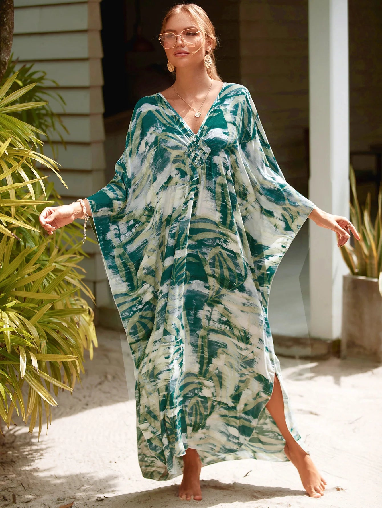 Plus Size Womens Animal Print Kaftan Dresses Caftans Swimwear Coverups Summer Bathing Suit Long Beach Dress