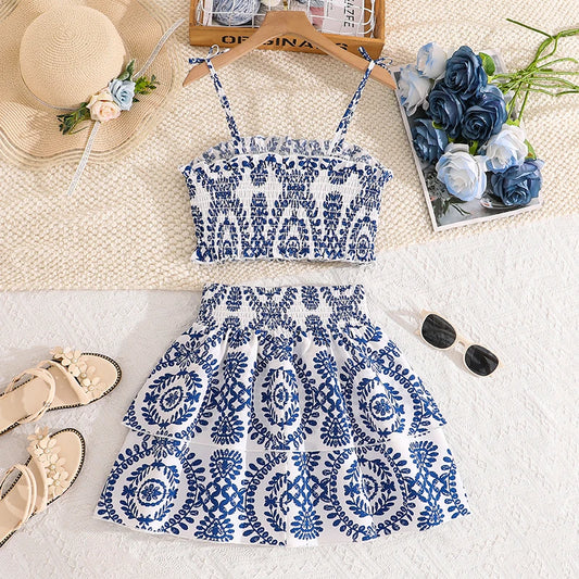 Girls 8-12 Blue White Floral 2-Piece Set, Front Spaghetti Straps Top & Tiered Skirt/Back Smocked, Casual Daily Outfit