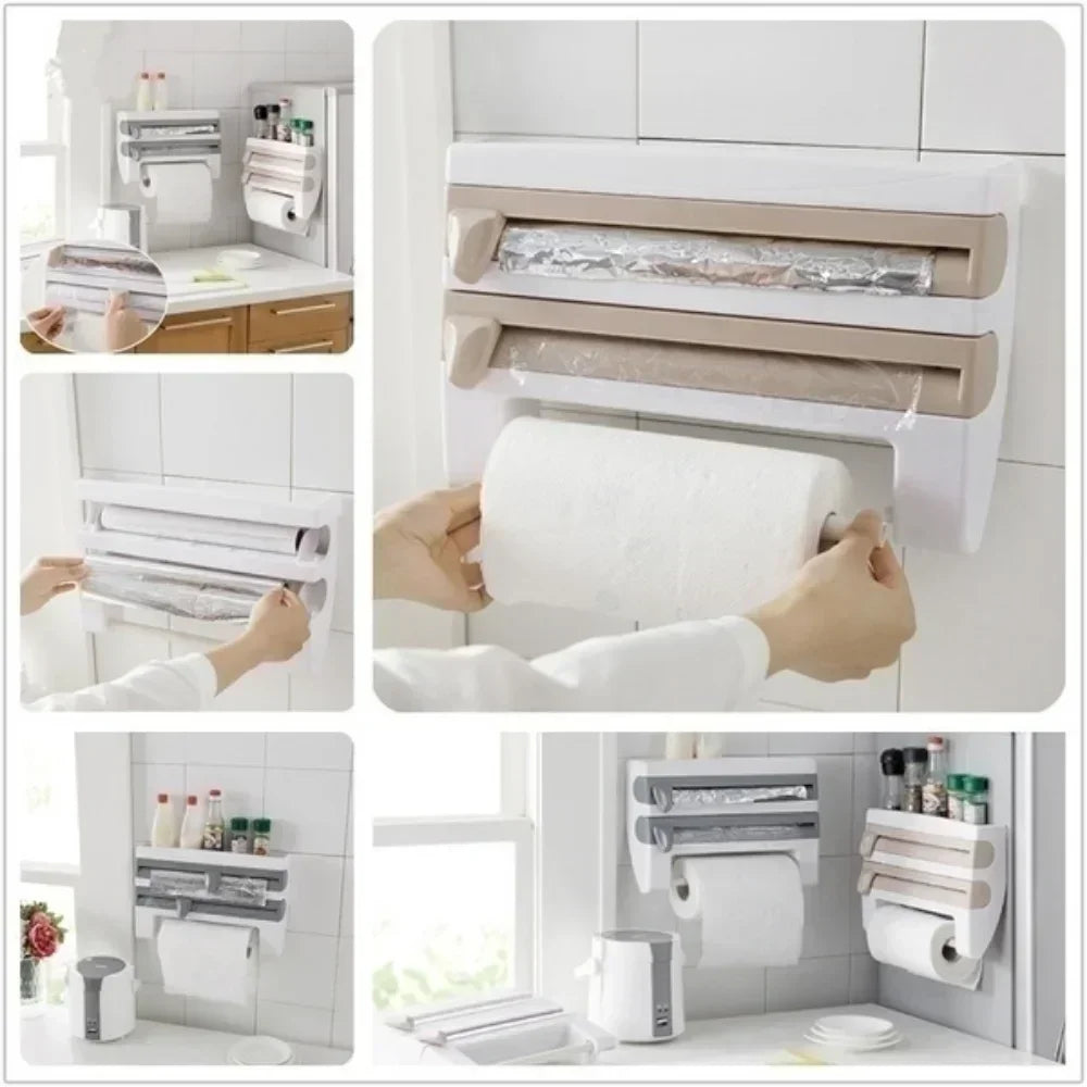 Cling Wrap Dispenser with Storage Rack Plastic Cutter Wall Hanging Paper Towel Holder Kitchen Organizer