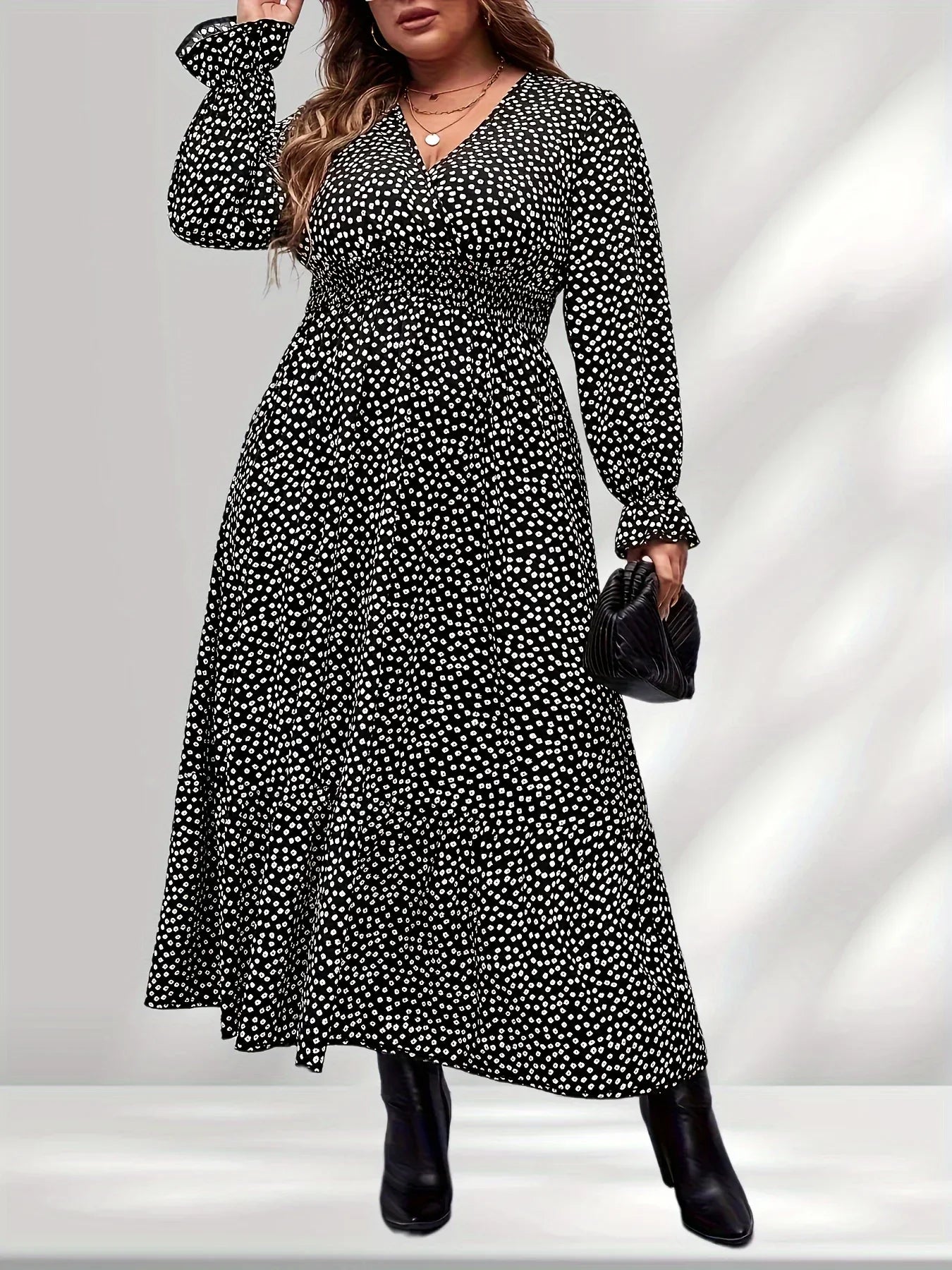 Plus Size 1XL-5XL Women's  Fashion New Polka Dot Print Long Sleeve Dresses Elegant Casual V-Neck Dress