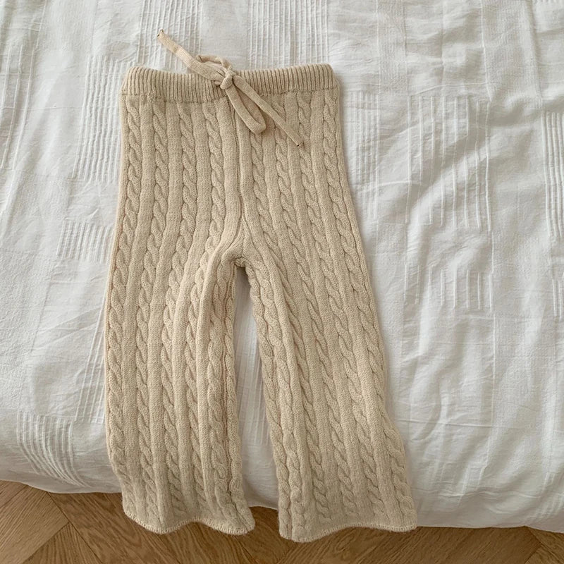Autumn Spring Korean Style Kids Knitted Clothing Set Long Sleeved Solid Color Knitted Pullover+Pants Baby Girl Clothes Suit
