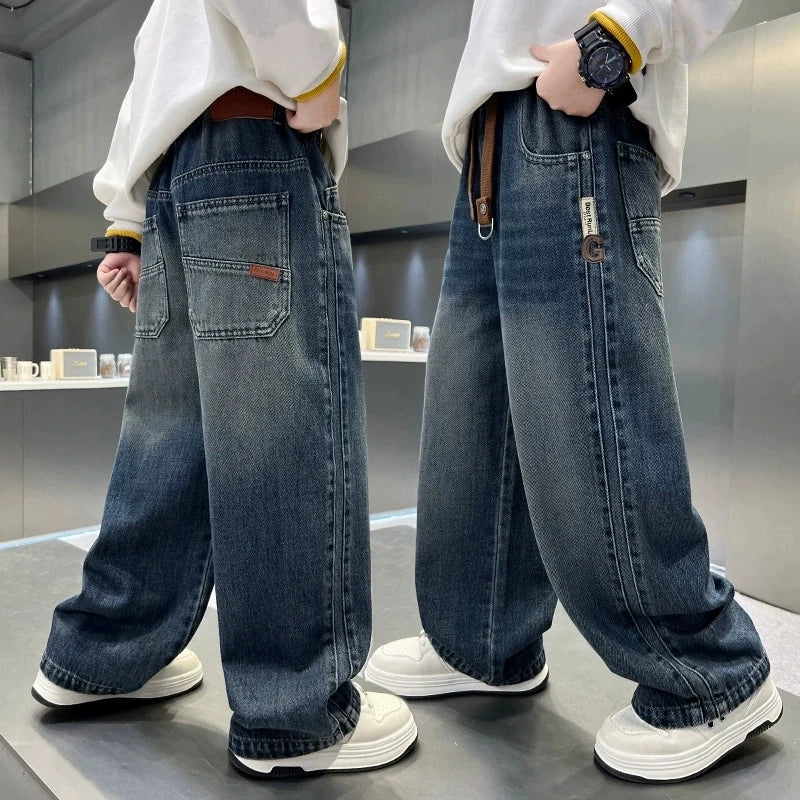 Boys Wide-leg Jeans 5-14 Years Spring Autumn Fashion Cool Casual Sports Denim Straight Pants for Kids Loose Trousers