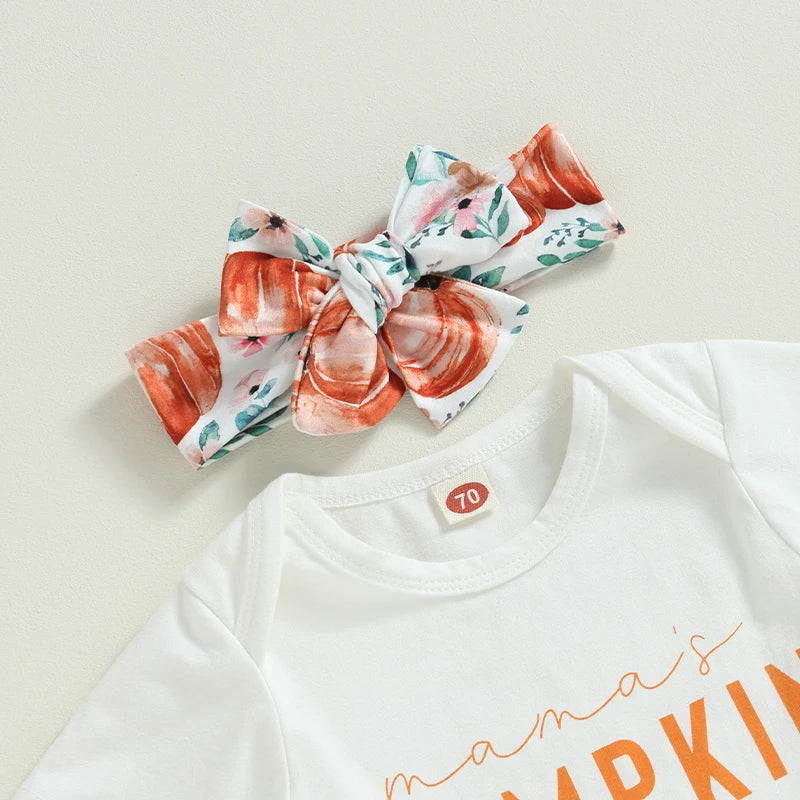 Citgeett Summer Halloween Infant Baby Girls Clothes Letter Print Short Sleeves Romper and Pumpkin Print Flare Pants Headband