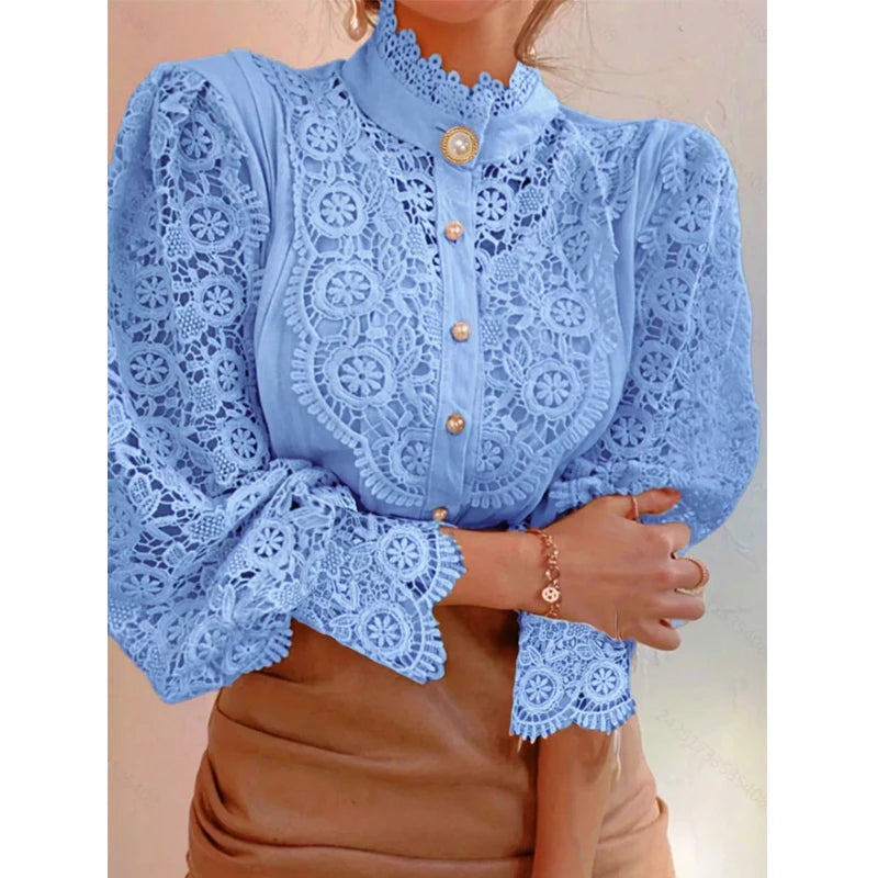 Elegant Loose Sweet Fashion Lace Women Blouse Office Stand Collar Casual Shirt Ladies Petal Long Sleeves Hollow Out Top Clothing