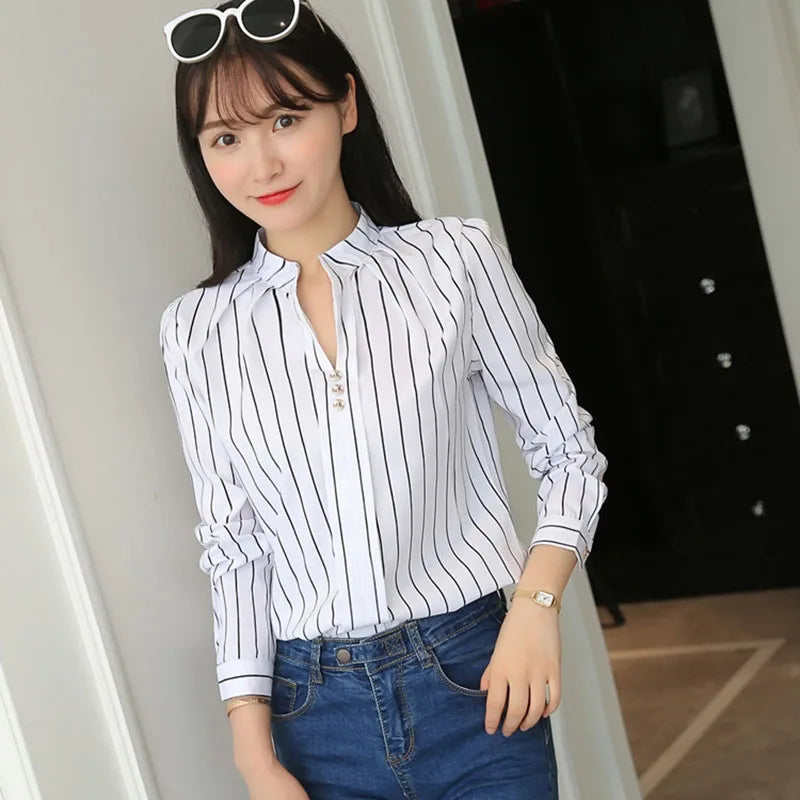 Autumn New White Shirt for Women Fashion Stripe Print Long Sleeve Office Lady Blouses Casual Loose Stand-up Collar Blusas