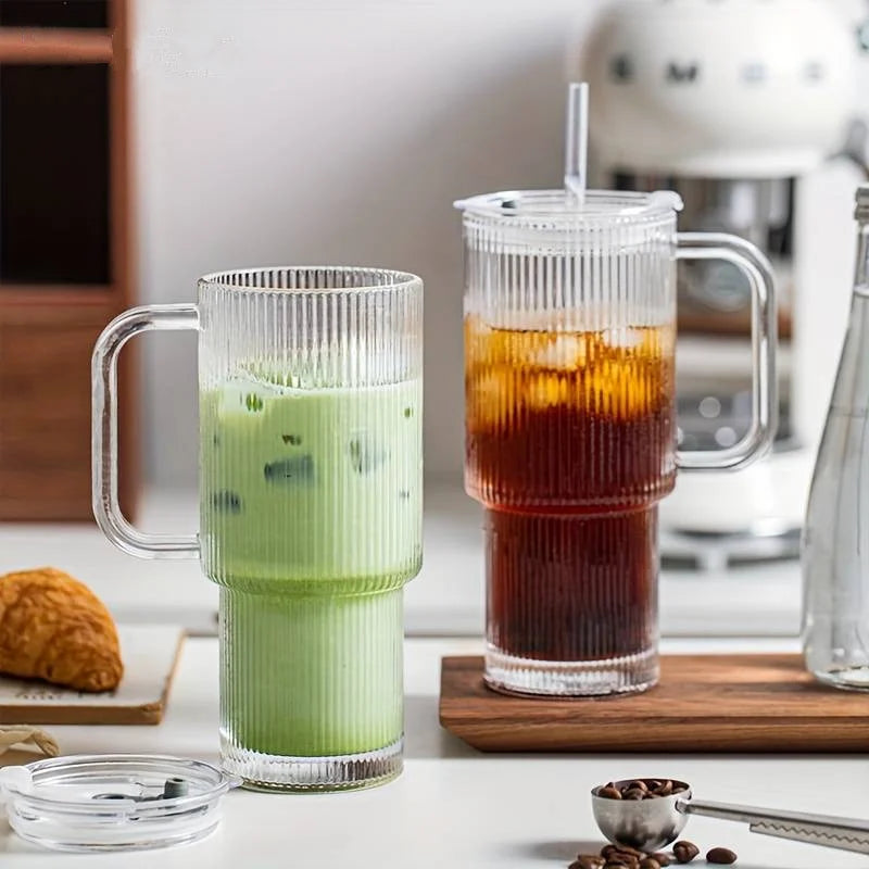 600ML Stripe Glass Coffee Cup With Handle And Lid Cover Straw Transparent Drinking Glasses For Juice Iced Coffee Mugs Drinkware