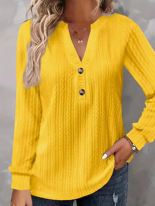 Plus size casual top  women's wide solid color chunky knit long sleeve button detail V-neck slightly elastic elegant top shirt