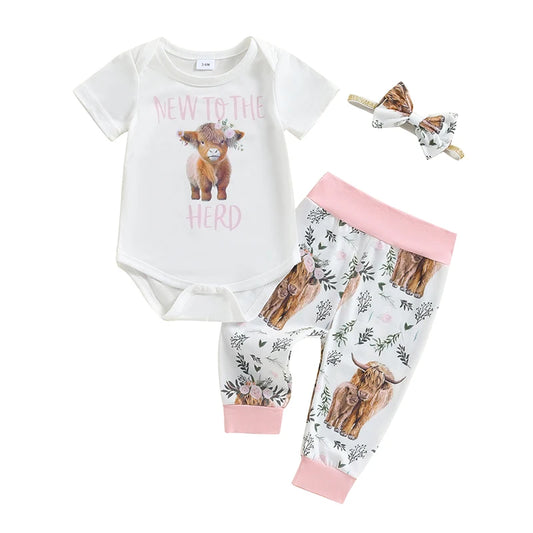 Citgeett Summer Infant Baby Girl Clothes Set Print Short Sleeve Romper Elastic Waist Pants Bow Headband Outfits