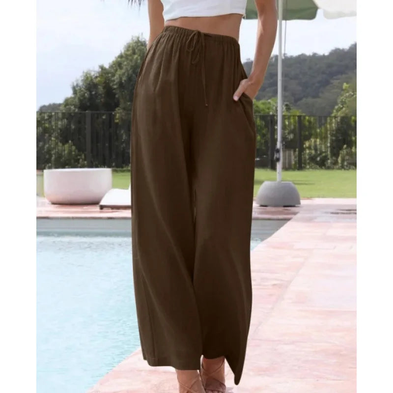 Women's Summer Linen Wide Leg Pants High Waist Elastic Drawstring Casual Loose Palazzo Trousers with Pockets