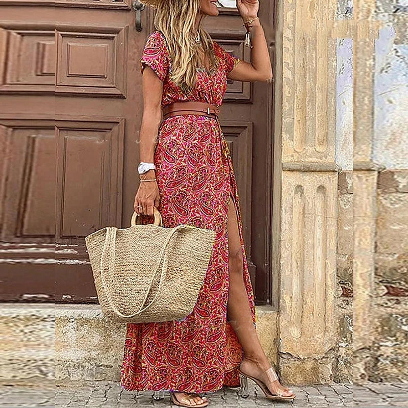 2024 Summer Bohemian Women's Long Dress V Neck Short Sleeve Floral Printed Beach Elegant Vintage Dress with Belt
