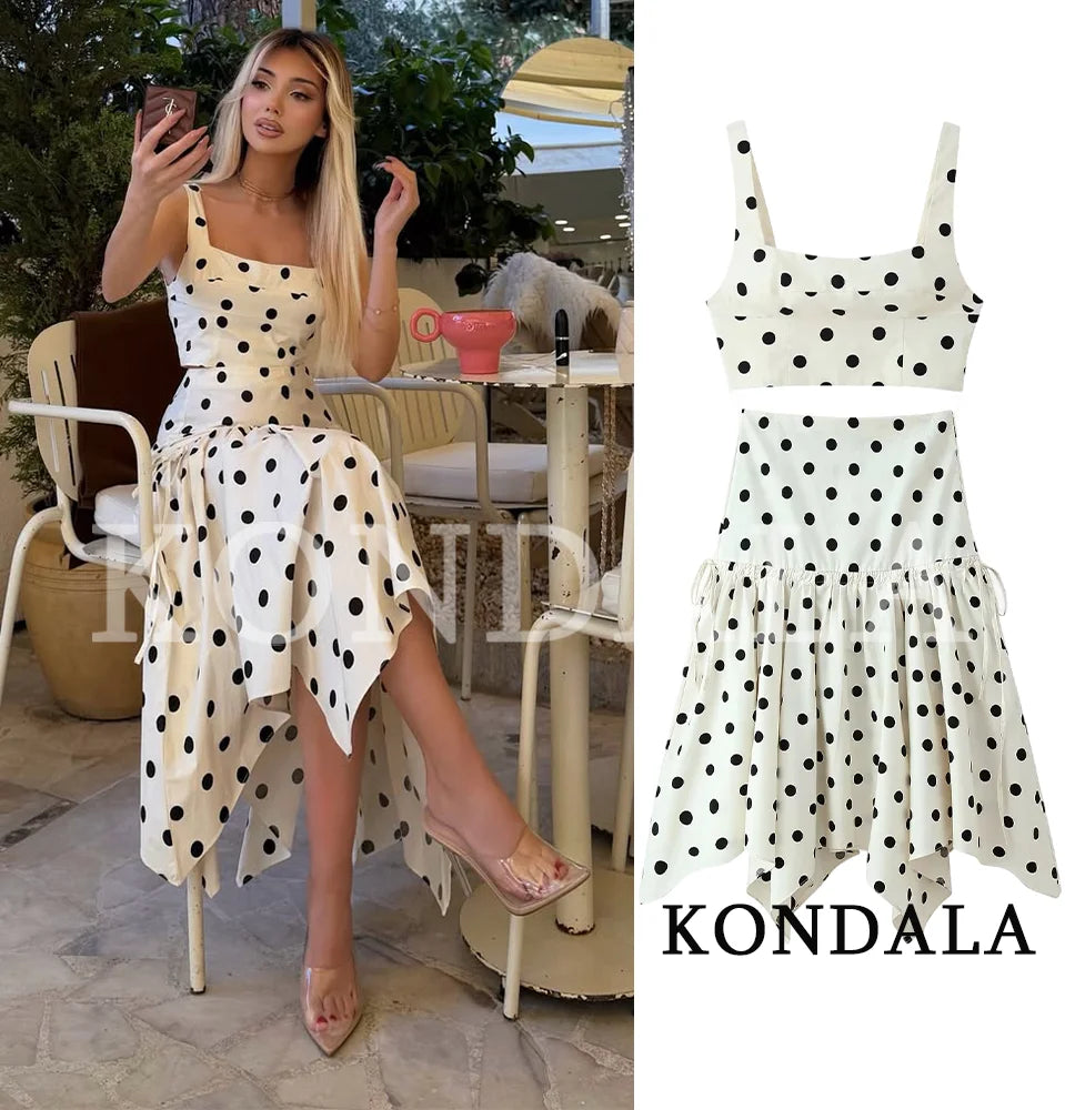 KONDALA Trendy Elegant Polka Dot Skirt Set Women High Street Holiday Short Tops, Midi Skirt 2026 Summer Fashion Casual Skirt Set