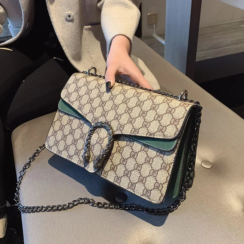 Fashionable Mini Printed Chain Women's Bag Crossbody Shoulder Bag Soft PU Leather Square Shape Bag with Phone Pocket