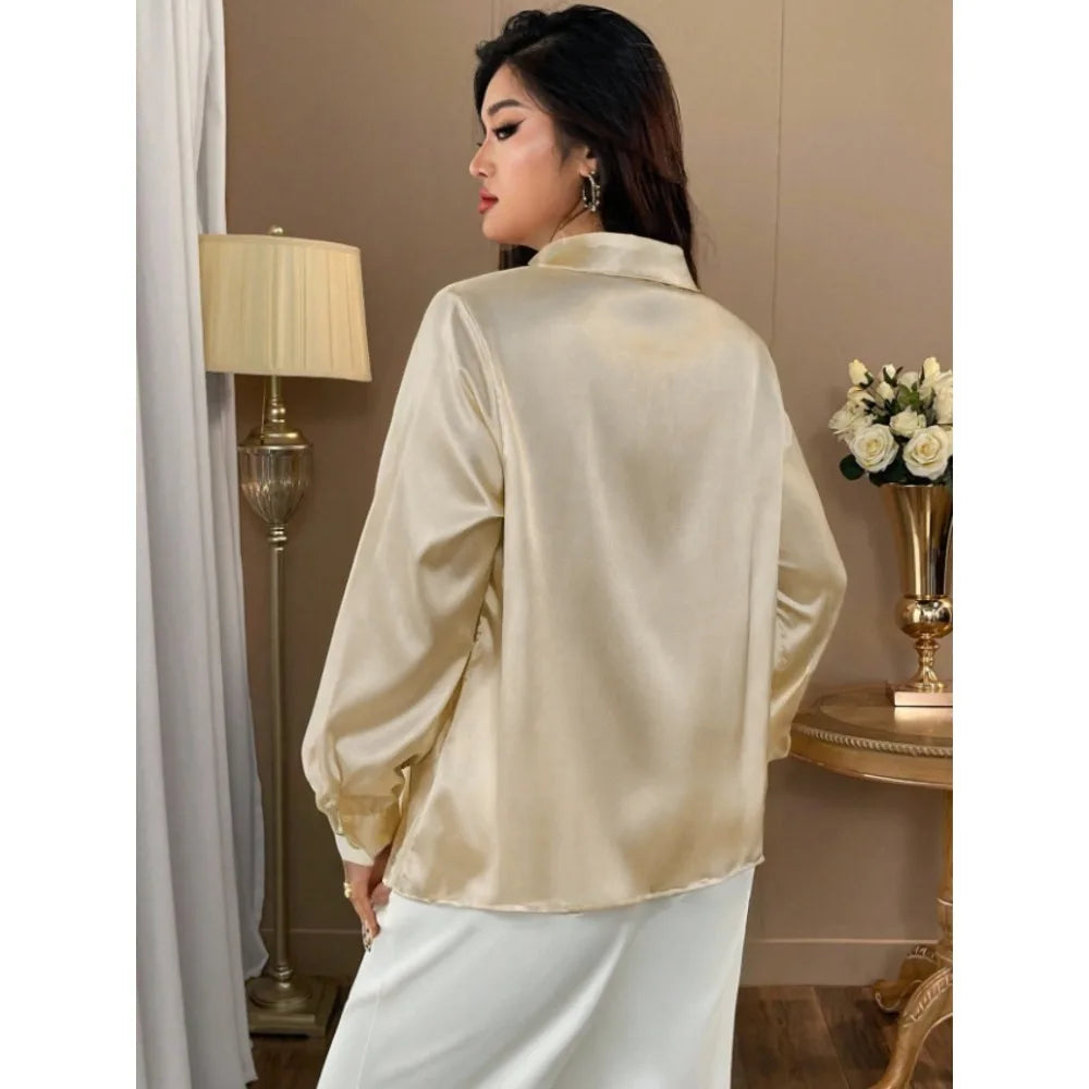 2025 Plus Size Satin Blouse: Solid Color Shirt with Unique Rose Buttons & Fluid Draping for Office Commute, Casual Gatherings