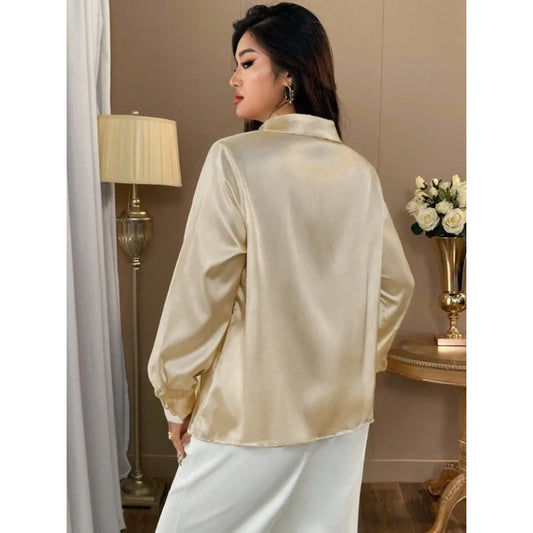 2025 Plus Size Satin Blouse: Solid Color Shirt with Unique Rose Buttons & Fluid Draping for Office Commute, Casual Gatherings