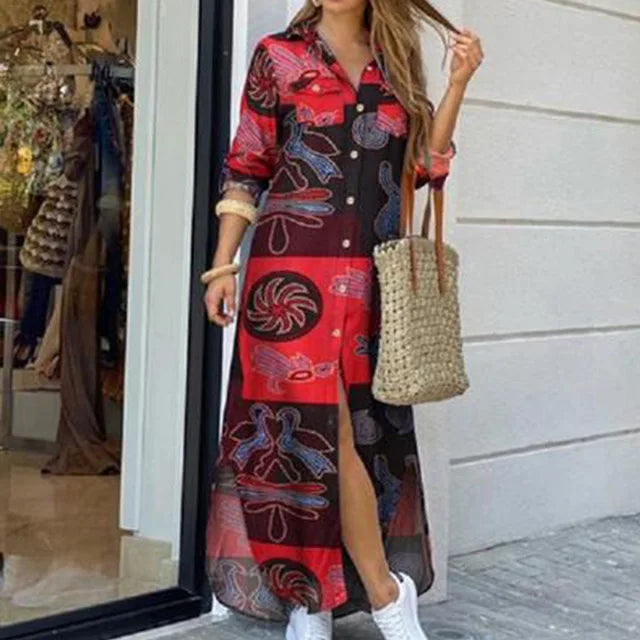 New Autumn Long Dress Long Sleeve Shirt Dress Women Denim Long Dresses Pocket Button Shirt Print Dress Casual Loose Dresses 2023