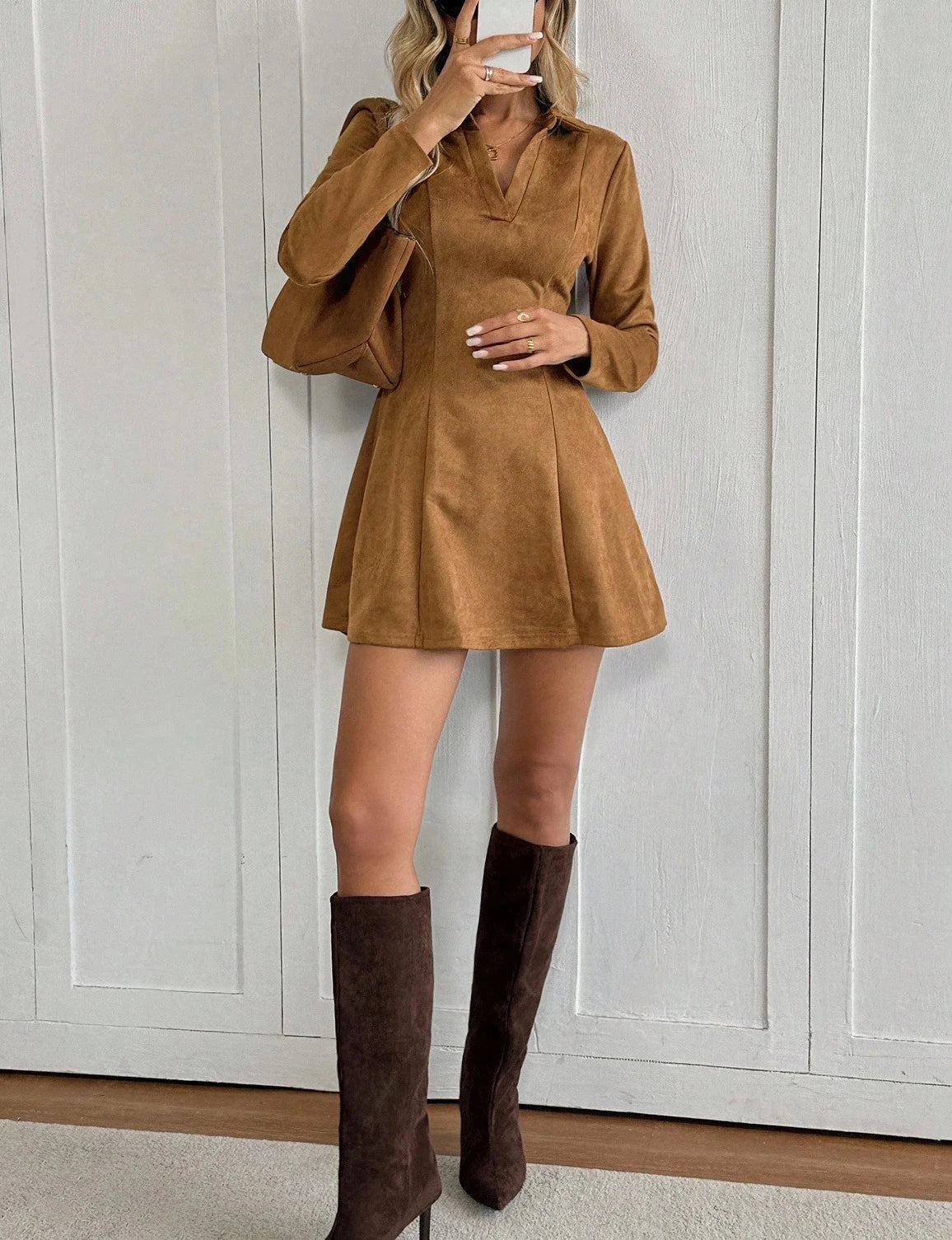 2025 New Arrival Women's Camel Suede Collared V-Neck Long Sleeve Slim A-Line Mini Dress Autumn Winter Daily Date Office