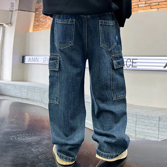 Teen Boys Jeans 2025 New Spring Autumn Pants Children's Straight Trousers Teenager Wide-legged Cargo Pants Kids Loose Clothes