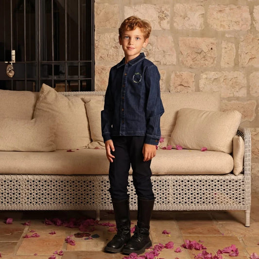 Denim blue family set girls dress boy casual shirt baby rompers family sbling set long sleeves children clothes logo embroidery