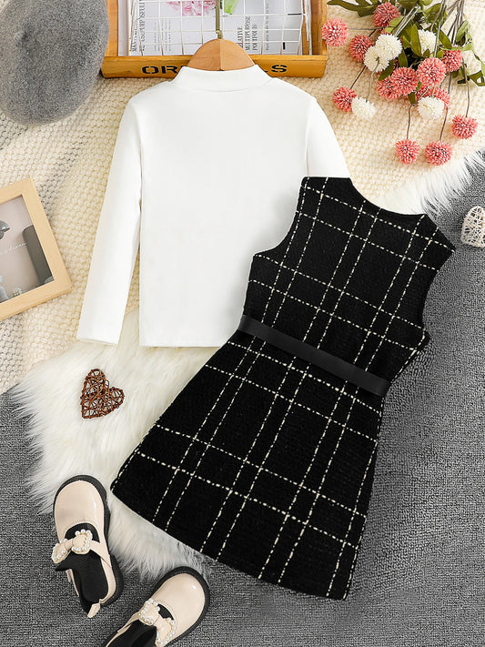 Spring and autumn Fashion Kids 2-piece ceremonial dress for cute girls  Solid color crew neck shirt + plaid lapel skirt suit
