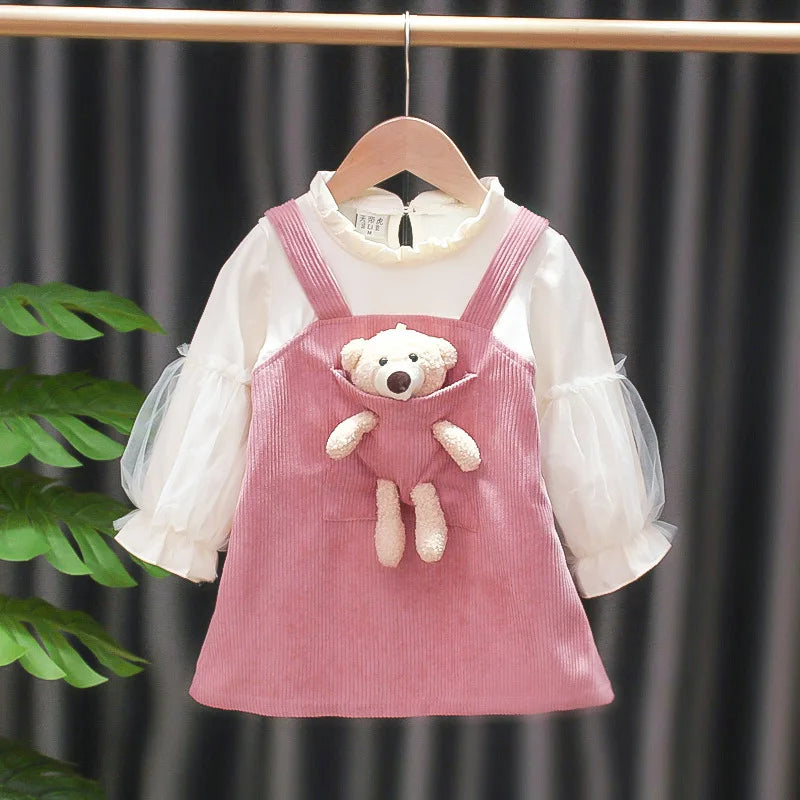 Kid Girl Dress Princess Dress Pocket Bear Gift Birthday Party Children Puff Long Sleeve Toddler Girl Clothes Teen Baby Suit A830