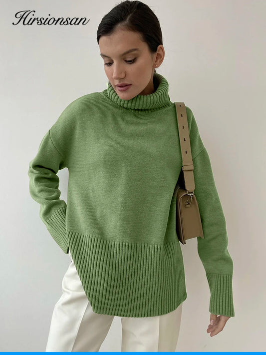 Hirsionsan Chic Turtle Neck Autumn Winter Sweater Women Soft Warm Basic Knitted Split Pullover Loose Casual Female Jumper 2024