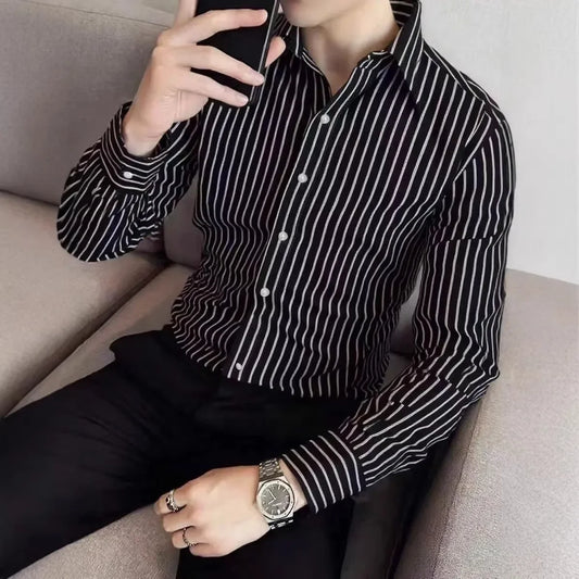 Spring Autumn Men Clothes Long Sleeve Stripe Shirt Men Business Casual Lapel Button Shirt Tops