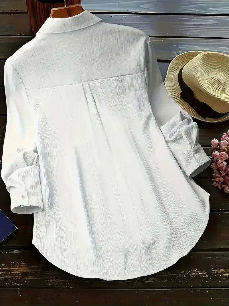 Plus Size Women Cotton Linen Button Down Shirts Lapel Shirt Tops Solid Color Loose Casual Long Sleeve Tops