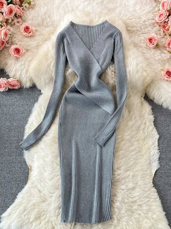 YuooMuoo Autumn Winter 2025 Women Dress Elegant Cross V-neck Slim Waist Knitted Bodycon Dress Korean Office Lady Vestidos