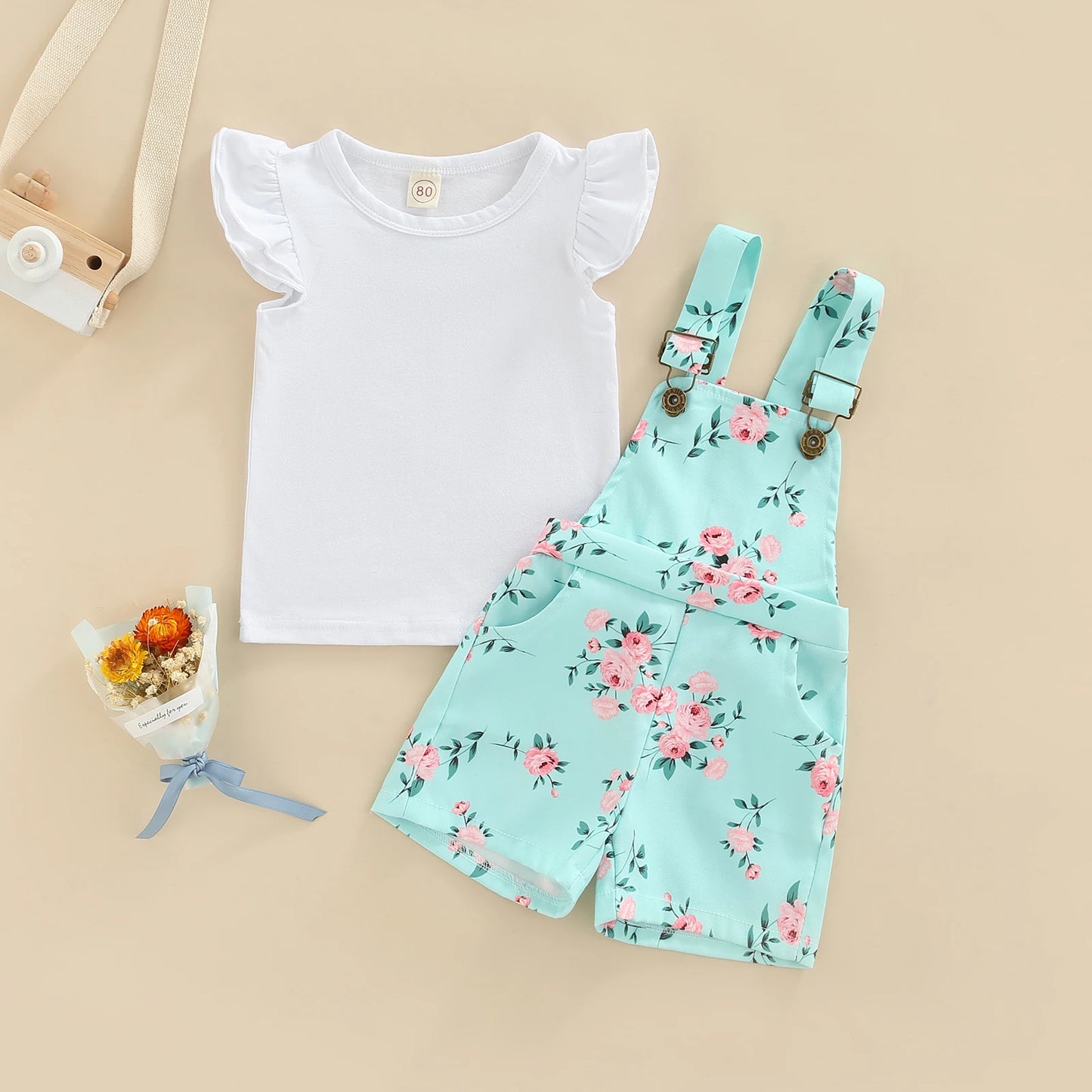 Little Infant Kid Girl 2PCS Pants Set Fly Sleeve Plain O-Neck T-Shirt, Floral Patterns Copper Buttons Suspender Short Pants 1-5T