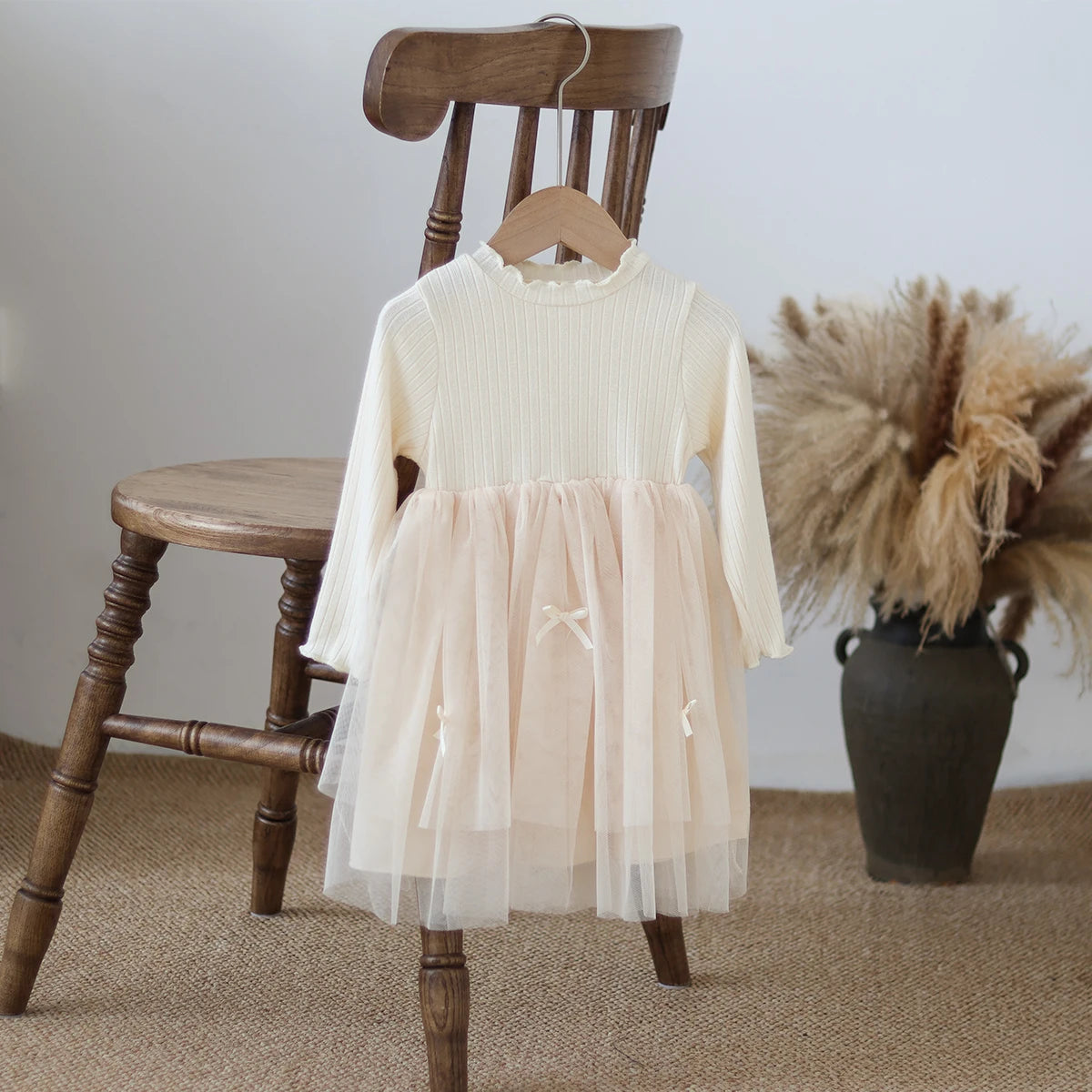 Autumn and Winter Fashion Toddler Girls Long Sleeve Mesh dress Pit Strip Ear Edge Bow Mesh Autumn and Winter dress Princess Gift