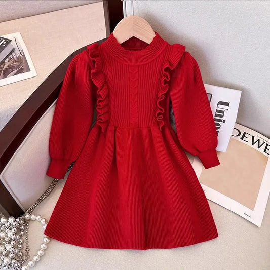 Stylish Thickened Knit Princess Dress for Baby Girls 2025 Spring Autumn New Style Red