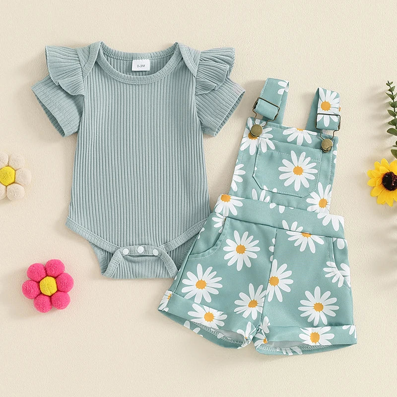 Pudcoco Infant Baby Girls Shorts Set, Short Sleeve Romper with Flower Print Suspender Shorts Summer Outfit 0-18M