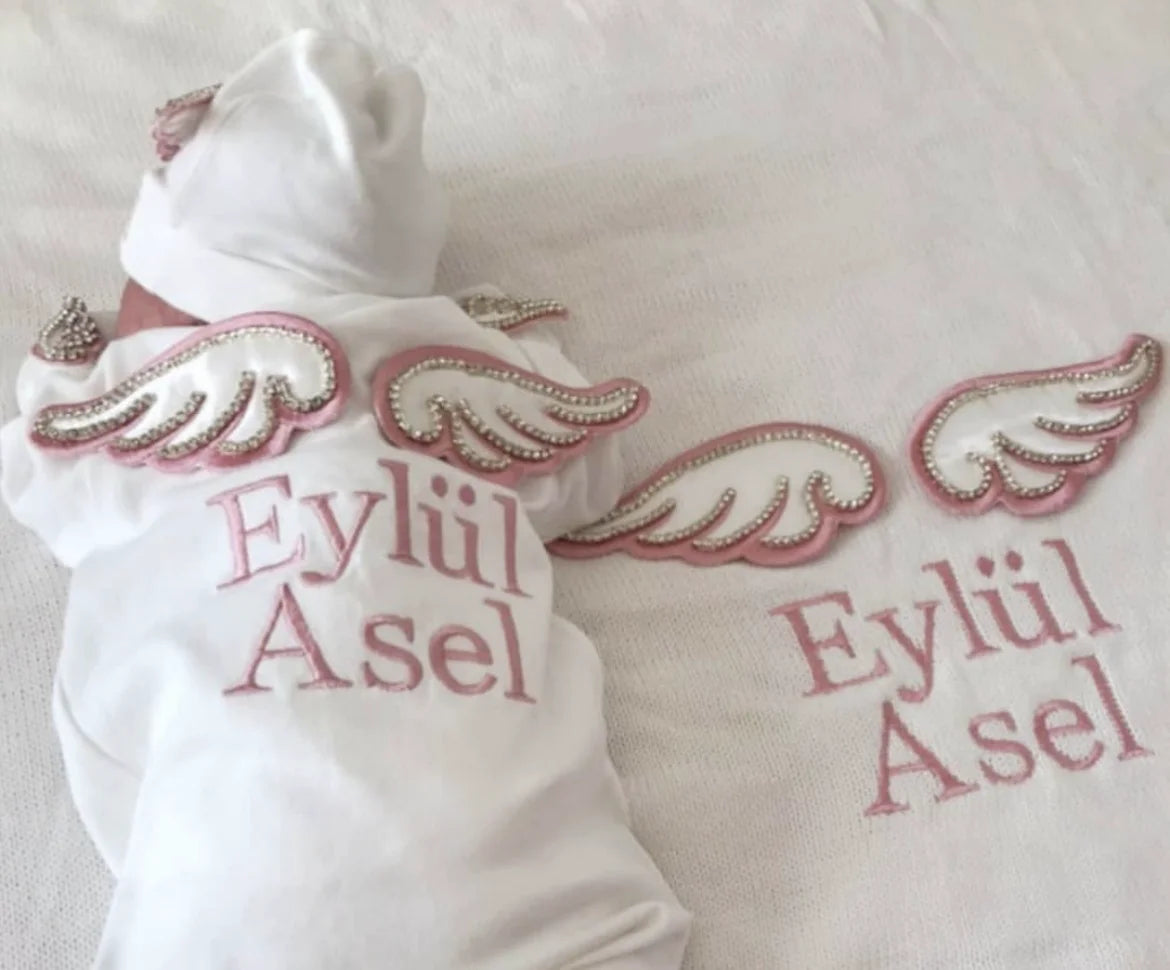Dollbling Hospital Exit 5pcs Embroidery Name Newborn Angle Wings Romper Blanket  Nursery Bedding Swaddle Handmade Infant Outfit