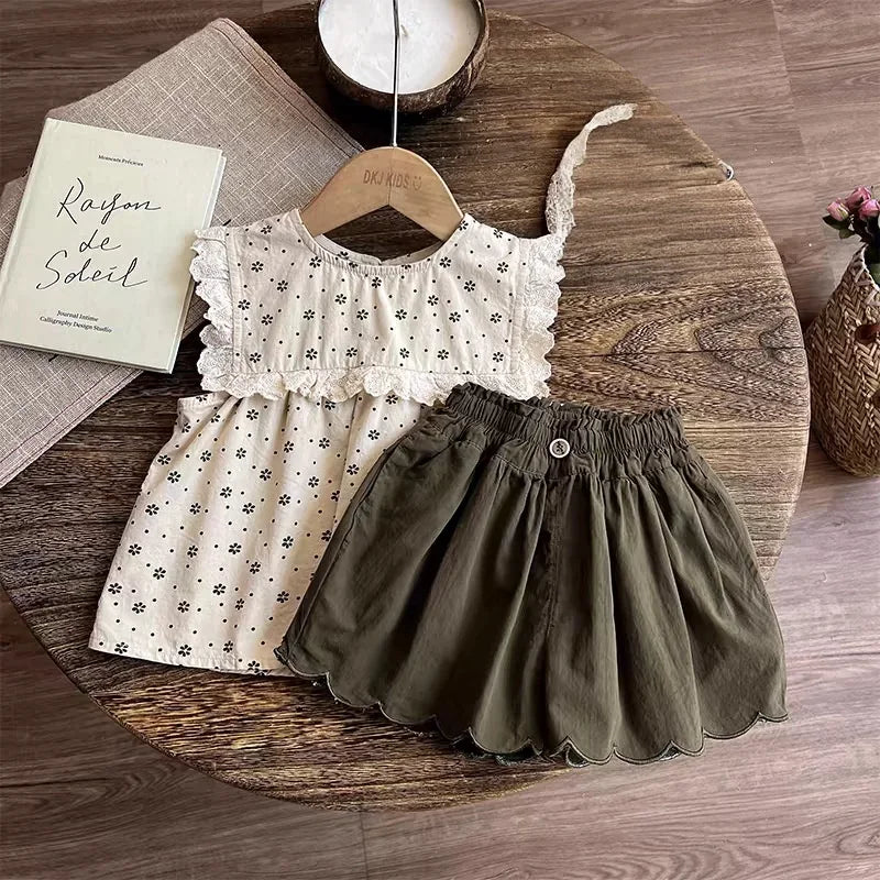 3-7Y Kids Girls Outfits Summer Floral Print Sleeveless Top and Ruffled Shorts Sets Lace Trim Soft Children Vocation Clothing
