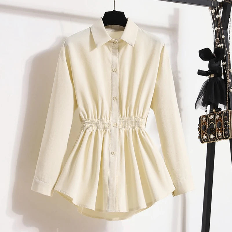 2026 Women's Plus Size Blouse Korean Style Spring Autumn Loose Elegant Casual Mid-length Tops Long Sleeved Waist Cinching Shirts