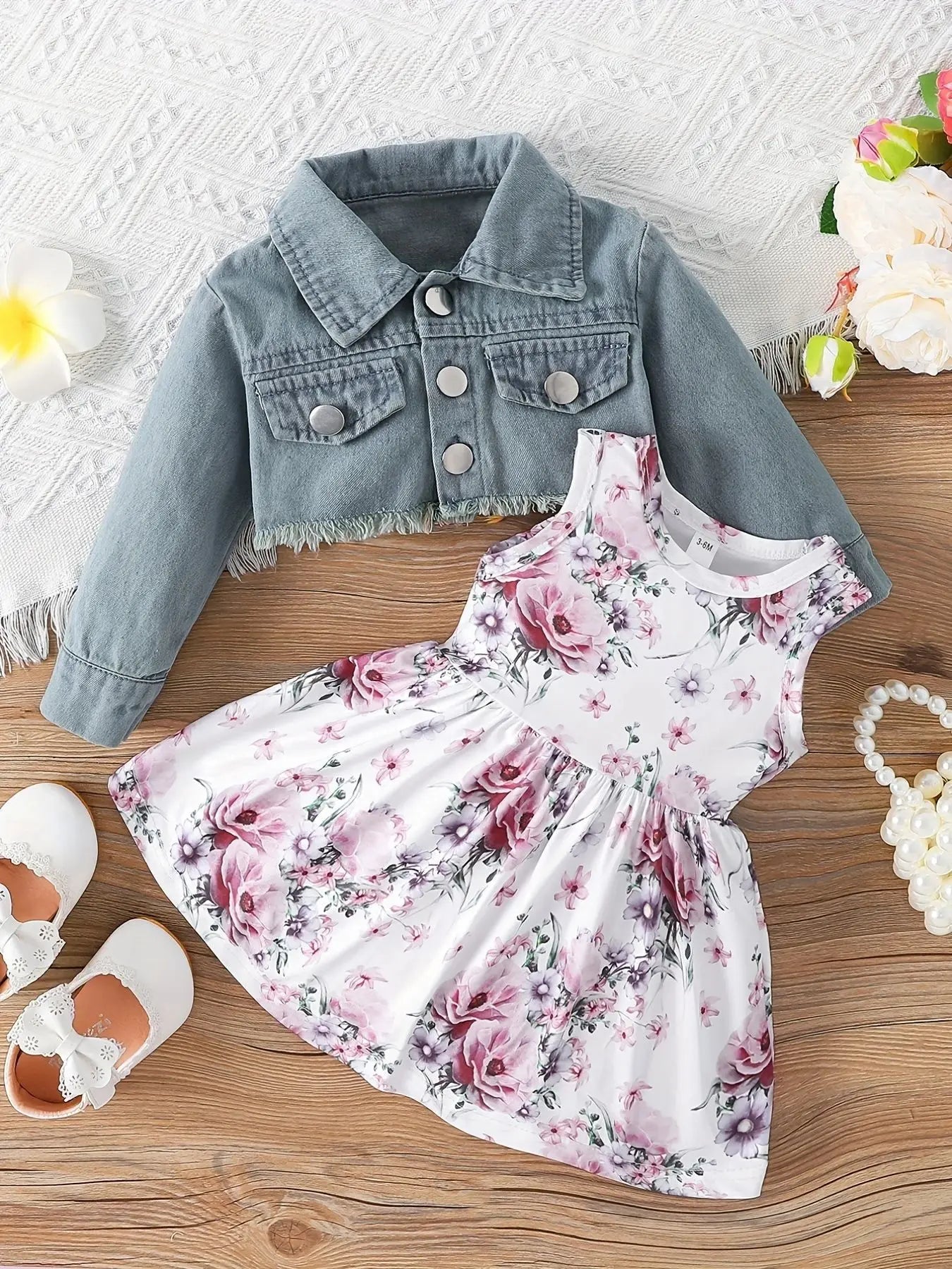 Prowow Fall Winter Baby Girl Denim Outfit Set Turn-down Collar Jeans Jacket+Deer Printed Dress Newborn Baby Birth Clothing